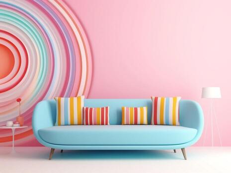 Pastel multi-color vibrant groovy retro striped background wall frame with bright sofa interior home design generative ai photo
