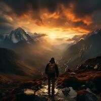 A hiker standing on a mountain peak, with a breathtaking sunset sky as the backdrop generative ai photo