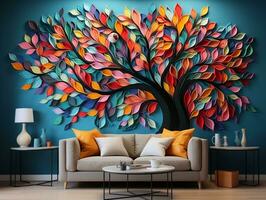 Colorful tree with leaves on hanging branches illustration background. 3d abstraction interior mural wall art decor generative ai photo