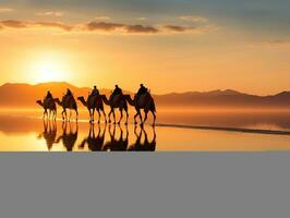 Camels silhouette on the salt lake at sunrise generative ai photo