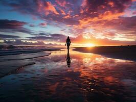 un vibrante puesta de sol terminado un tranquilo playa, dónde un solitario figura camina a lo largo el orilla generativo ai foto