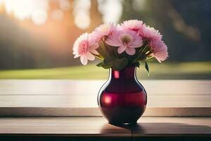 pink flowers in a vase on a table. AI-Generated photo