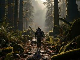 un mochilero excursionismo mediante un denso bosque, luz de sol transmisión mediante el arboles generativo ai foto