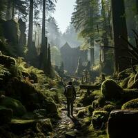 A backpacker hiking through a dense forest, sunlight streaming through the trees generative ai photo