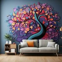 Colorful tree with multicolor leaves illustration background. 3d abstraction wallpaper for interior mural wall art decor generative ai photo