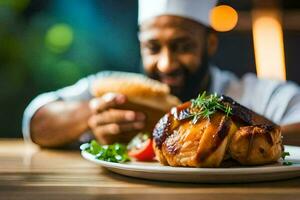 a chef is eating a chicken on a plate. AI-Generated photo