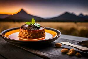 un postre en un plato con un ver de el montañas. generado por ai foto