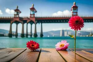 flowers on a wooden table in front of a bridge. AI-Generated photo