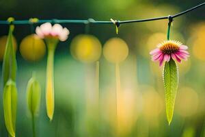 a pink flower hanging from a wire. AI-Generated photo