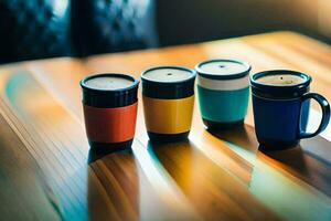 four colorful coffee cups on a wooden table. AI-Generated photo