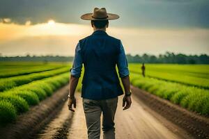 un hombre en un sombrero camina abajo un suciedad la carretera. generado por ai foto