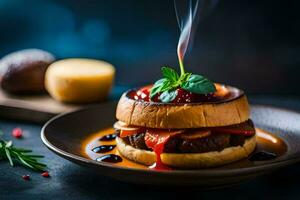 a hamburger with sauce and cheese on a plate. AI-Generated photo