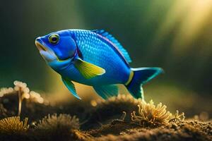 a blue fish with yellow eyes is swimming in the ocean. AI-Generated photo