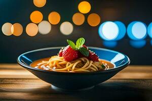 a bowl of spaghetti with strawberries and mint on a wooden table. AI-Generated photo