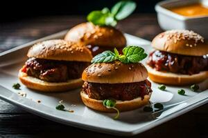 small sliders with meat and sauce on a plate. AI-Generated photo