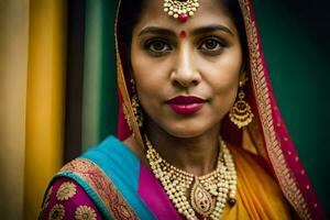 un hermosa indio mujer vistiendo un vistoso sari. generado por ai foto