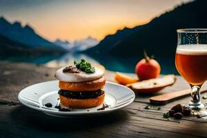 a burger and beer on a table with mountains in the background. AI-Generated photo