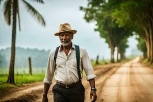 a man wearing a hat and suspenders walking down a dirt road. AI-Generated photo