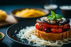 a plate with spaghetti and a burger on it. AI-Generated photo