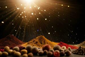 spices and spices on a black background with light shining. AI-Generated photo