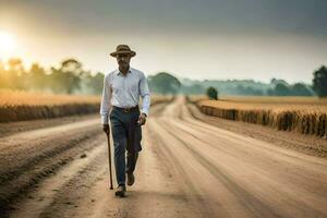 a man walking down a dirt road with a cane. AI-Generated photo