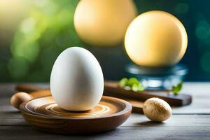 un huevo en un de madera plato con otro huevos. generado por ai foto