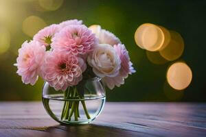 rosado flores en un florero en un mesa. generado por ai foto