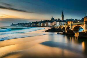 el puesta de sol terminado el Oceano y un puente. generado por ai foto