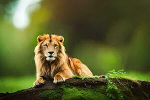 un león es sentado en un árbol tocón en el medio de un verde campo. generado por ai foto