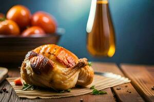 un pollo en un de madera corte tablero con Tomates. generado por ai foto