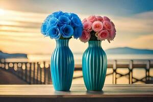 two blue vases with pink roses sitting on a wooden table. AI-Generated photo