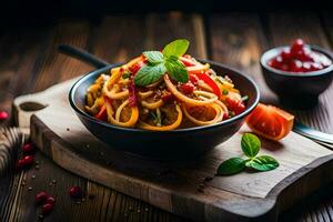 a bowl of pasta with vegetables and herbs. AI-Generated photo