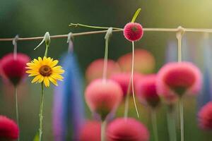 a yellow flower is hanging from a wire. AI-Generated photo