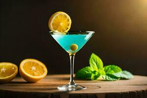 blue cocktail with lemon and mint on a wooden table. AI-Generated photo