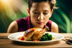 un mujer es mirando a un plato de alimento. generado por ai foto