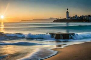 el Dom sube terminado el Oceano y un faro. generado por ai foto