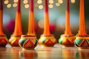 a row of colorful vases with candles in them. AI-Generated photo