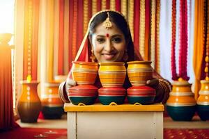 a woman in traditional indian attire is holding a pot. AI-Generated photo