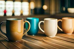 cinco diferente de colores café tazas en un de madera mesa. generado por ai foto