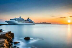 un crucero Embarcacion en el Oceano a puesta de sol. generado por ai foto