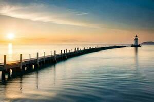 a long pier with a lighthouse at sunset. AI-Generated photo