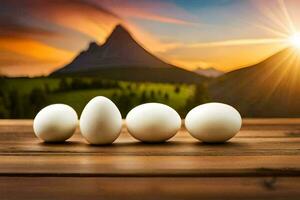 five eggs on a wooden table with mountains in the background. AI-Generated photo