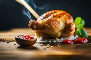 un pollo es en un de madera mesa con un de madera cuchara. generado por ai foto