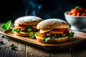 two hamburgers on a wooden tray with smoke. AI-Generated photo