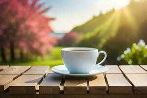 un taza de café en un de madera mesa en el Mañana. generado por ai foto