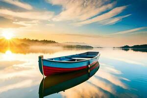 a boat on a calm lake at sunrise. AI-Generated photo