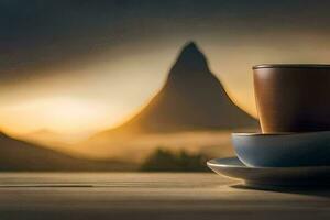 coffee cup and saucer on a table with mountains in the background. AI-Generated photo