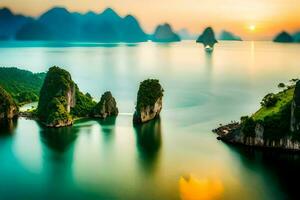 the sunrise over the water in halong bay. AI-Generated photo