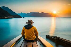 man sitting on a boat in the ocean at sunset. AI-Generated photo