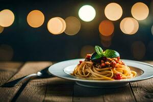 espaguetis con tomate salsa y albahaca en un lámina. generado por ai foto